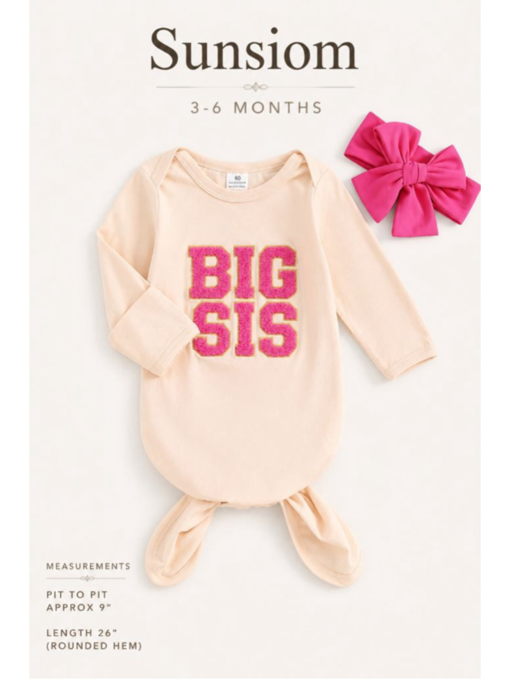 Sunsiom Baby Big Sis Knotted Gown Size 60 Newborn Sleep Sack Pink Bow Set